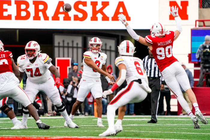 Nov 11, 2023; Lincoln, Nebraska, USA; Maryland Terrapins quarterback Taulia Tagovailoa (3) passes against the Nebraska Cornhuskers during the third quarter at Memorial Stadium. Mandatory Credit: Dylan Widger-USA TODAY Sports